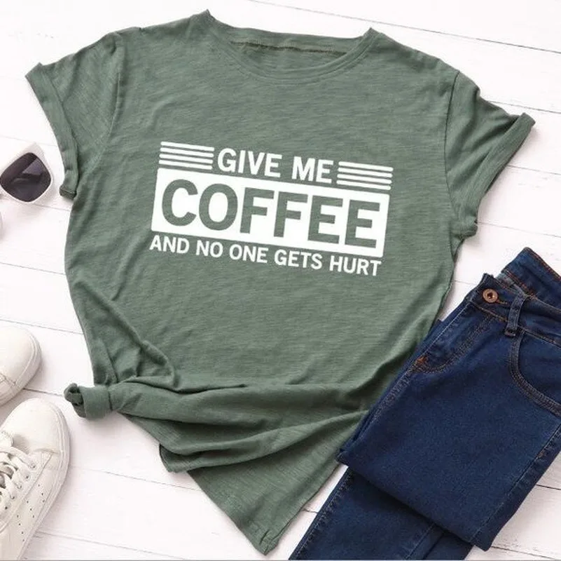 Give Me Coffee 편지 인쇄 T 셔츠 여성 짧은 소매 O 넥 느슨한 Tshirt 여름 여성 티 셔츠 탑스 Camisetas Mujer