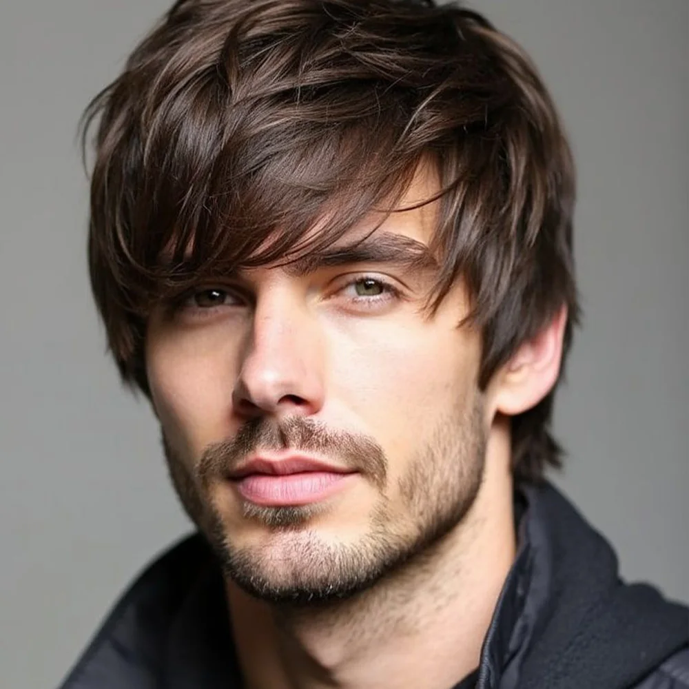 

6" Straight Human Hair, Full Machine Wig Layered Style, Brown Pixie Cut Wig with Bangs 180% Density, Rose Net Cap, Easy to Wear