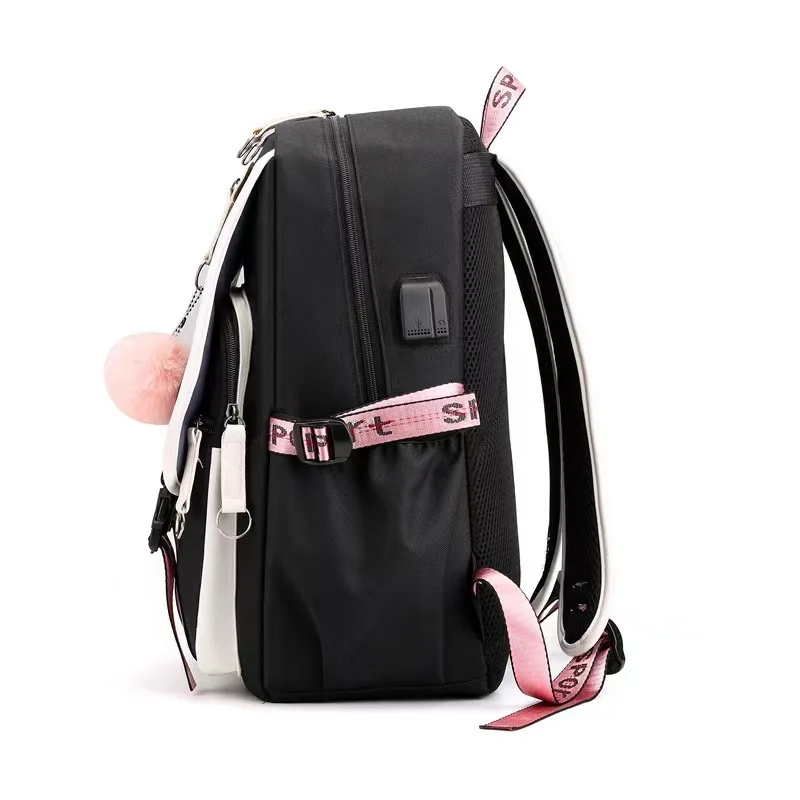 Kuromi roxo mochilas com patchwork USB para mulheres e meninas, capacidade escolar sacos para adolescentes, sacos para laptop, pendulares e mochila