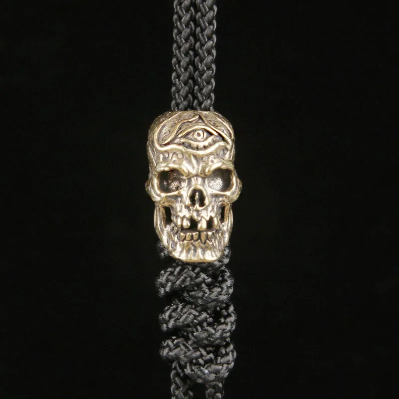 Brass Three-Eyed Skull Knife Bead EDC Paracord Pendant Handmade Skeleton Accessory Keychain Charm Spacer Bead Jewelry