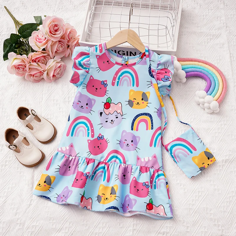 

Summer Girls' Dress Round Neck Flying Sleeve Cartoon Print Dress Girls' New Cute T-shirt Dress Daily Casual Dress 4-7Y