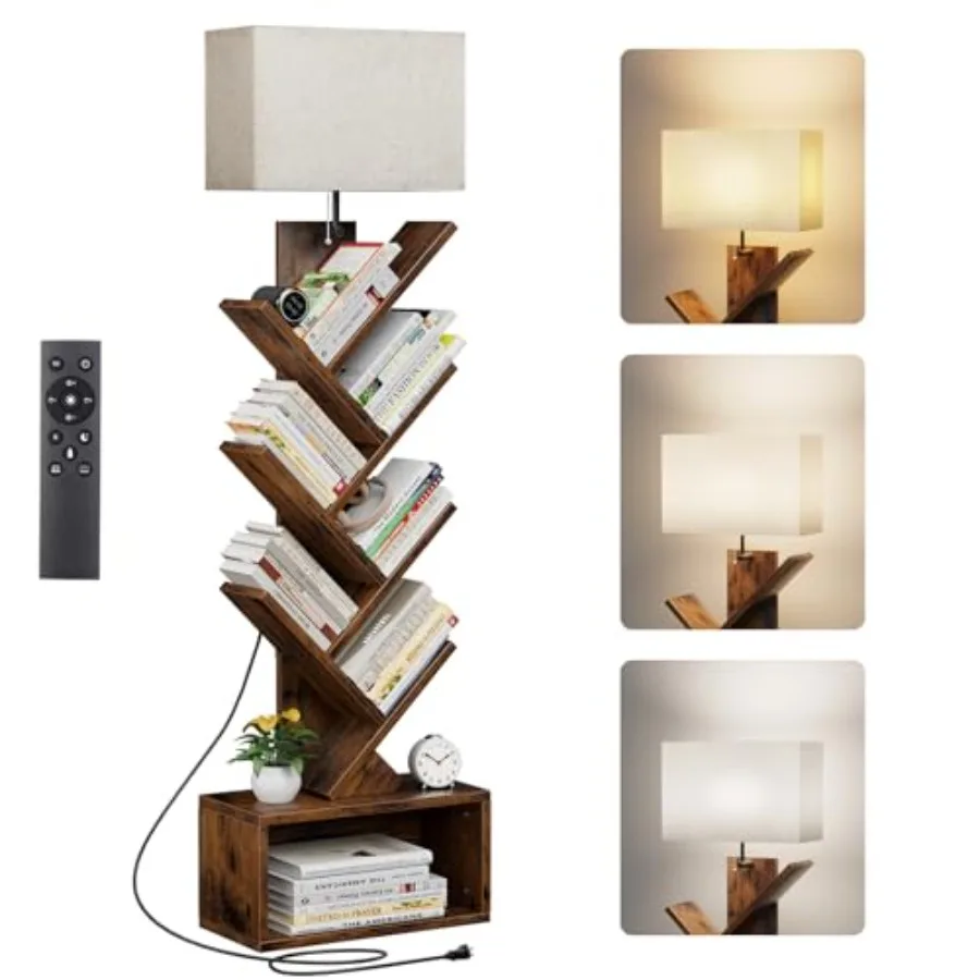 

6 Tier Tree Bookshelf with Smart Light Remote Control Tall Floor Standing Book Organizer Rustic Brown for Living Room Bedroom H