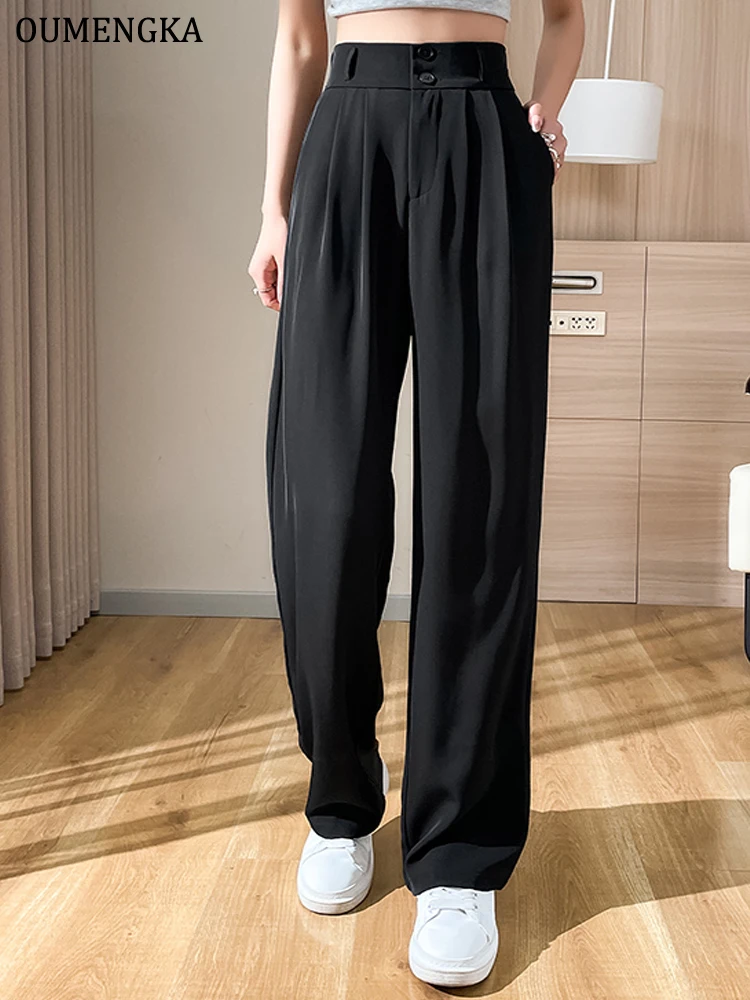 OUMENGKA Wide Office Anti Winkle Trousers for Women High Waist White Straight Stacked Pants with Pockets Double-button Classic