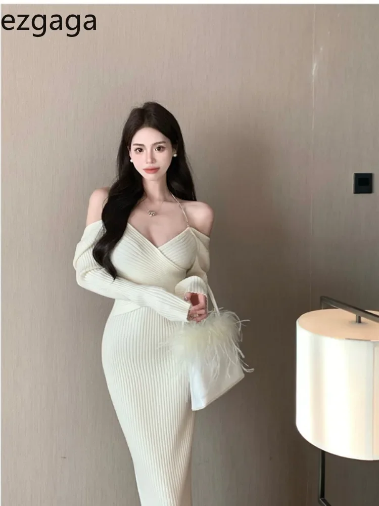 Ezgaga Knitted Dresses Women Long Sleeve Criss Cross V Neck Solid Slim Stretch French Style Chic Basic Elegant Dress Ladies