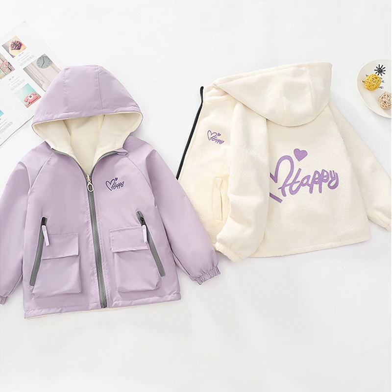

Флисовое пальто для девочек-подростков, детская стеганая двусторонняя куртка, 2025 г., свободная ветровка с капюшоном и буквенным принтом, зимняя детская теплая верхняя одежда