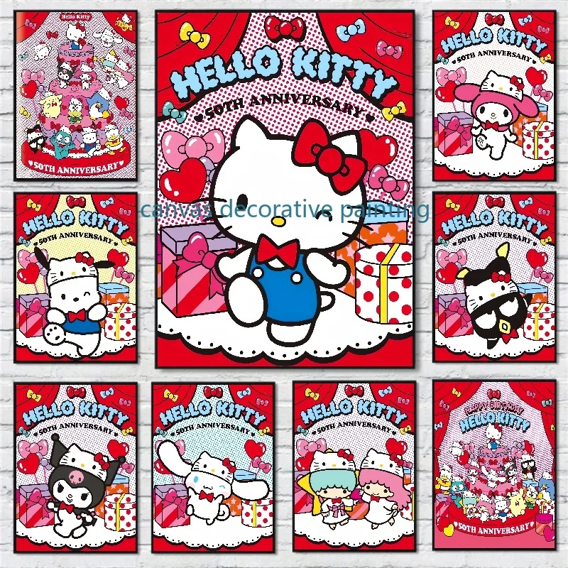 

MINISO Peripheral Sanrio Poster Hello Kitty Canvas Painting Children's Room Bedroom Home Decoration Christmas Gift for Children