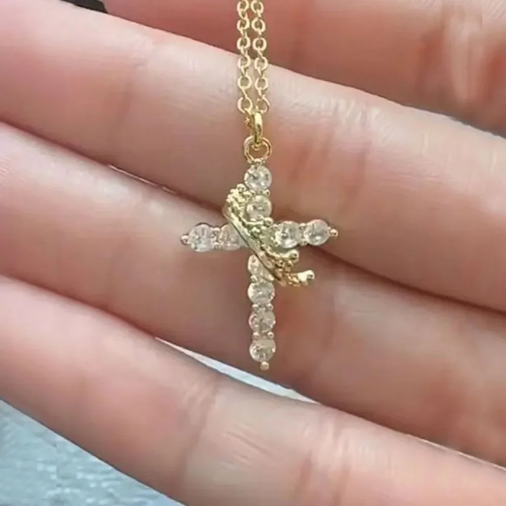 50cm Length Stainless Steel Chain Rotatable Crown Cross Women Necklace AAAA Zircon Gold Silver Color Wholesale Drop Shipping