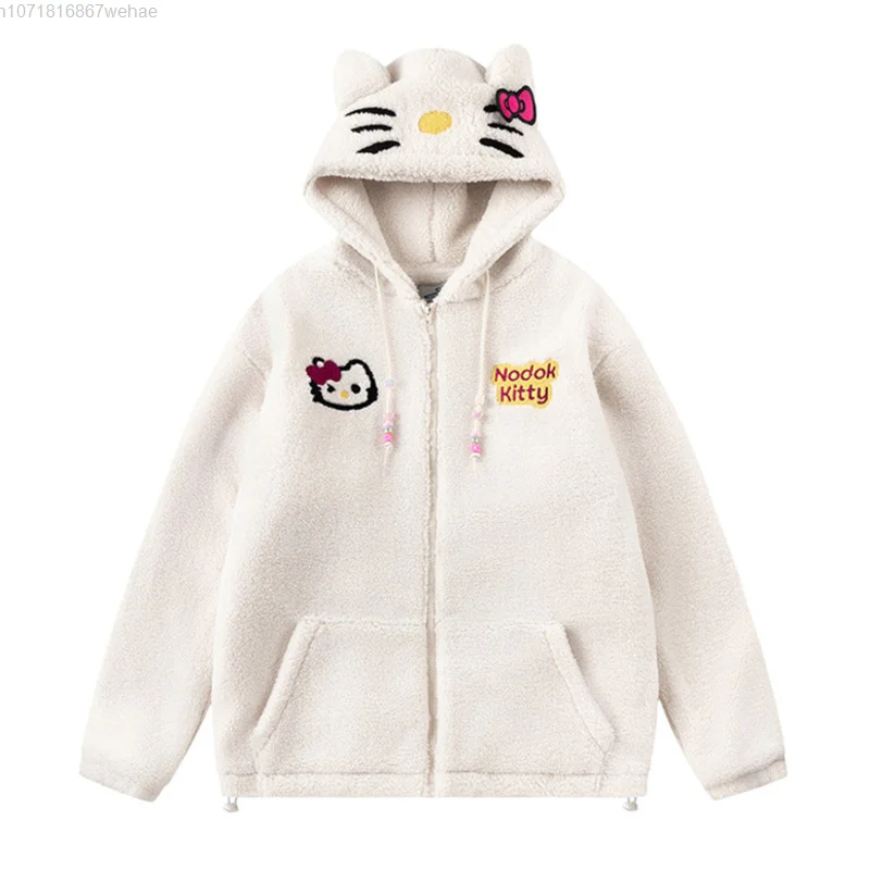 Sanrio Hello Kitty Embroidery Hooded Cotton Lamb Fleece Coat Y2k Women Zipper Trend Jacket Women Winter Thick Warm Clothes