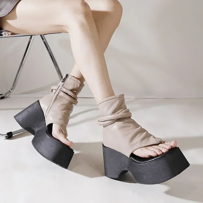 Summer New Slim Wedges Platform Flip Flops Sewing Cut Out Narrow Band Genuine Leather Women Ankle Short Gladiator Boots - view 3