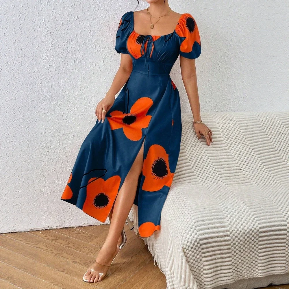 Vestidos Primavera Verano Skinny Fit diario Floral abertura lateral Puff manga cuello cuadrado Midi vestidos de cambio para mujeres