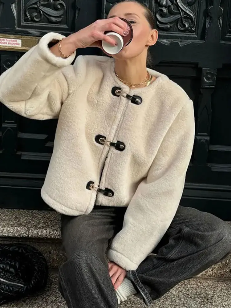 HH Woman Autumn Casual Fur Coats Long Sleeve O-Neck Single Breasted With Pockets Loose Jacket  Female Winter Warm Short Coat