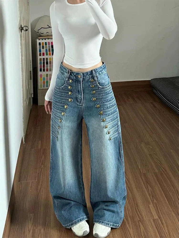 High Waist Wide Leg Blue Denim Jeans Women's Loose Fit Double Buttoned Retro Style plus Size Casual Trousers for Autumn