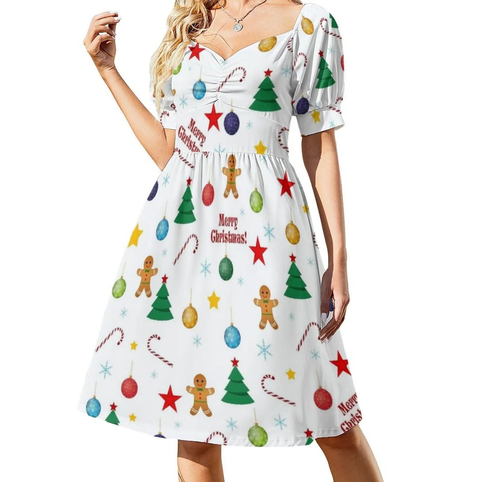 Vestido boêmio sem mangas com estampa de natal, multiimpressão, praia, férias, festa, santa anjo, sino, rena, vela, festa de doces