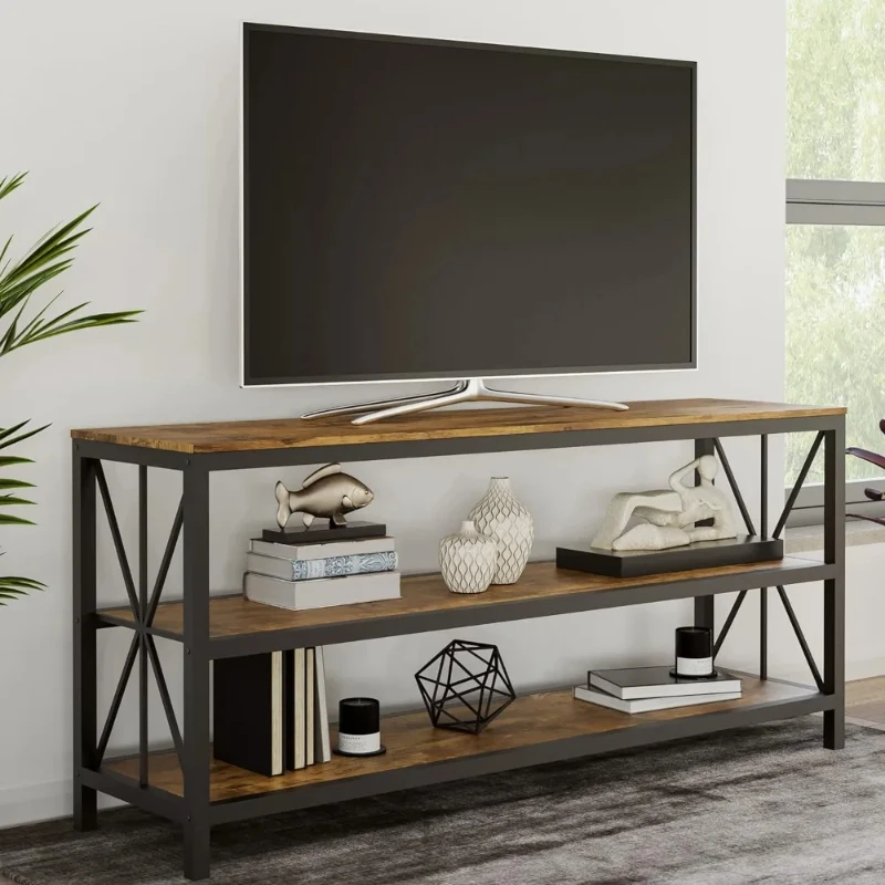 Farmhouse TV Stand – 3-Tier Open Back Entertainment Center for 70-inch Television, Barnwood Media Console Shelves