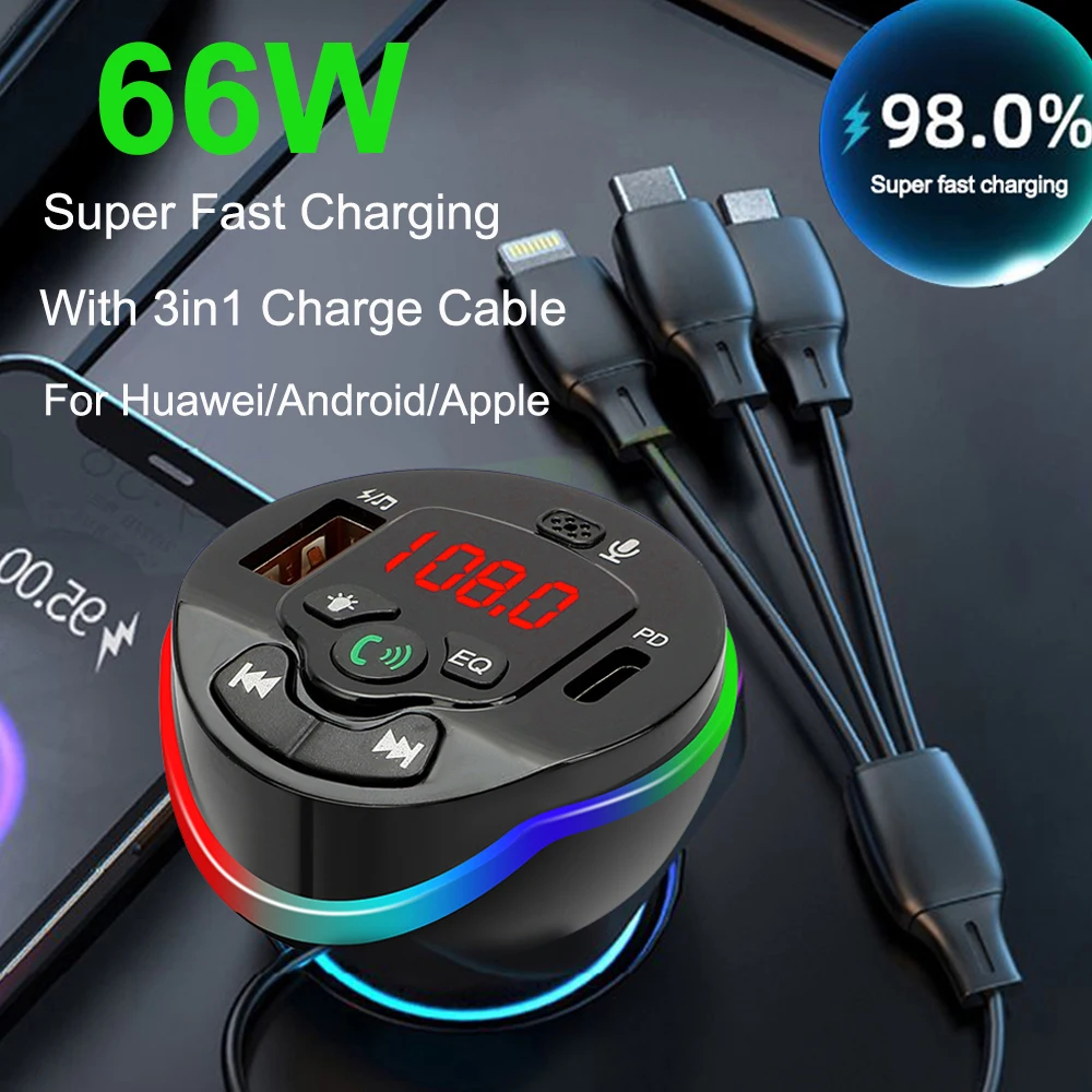 Bluetooth 5.0 Car FM Transmitter Modulator Hands-free Call MP3 Player PD USB Quick Charger 66W With 3in1 Cable for IPhone Huawei