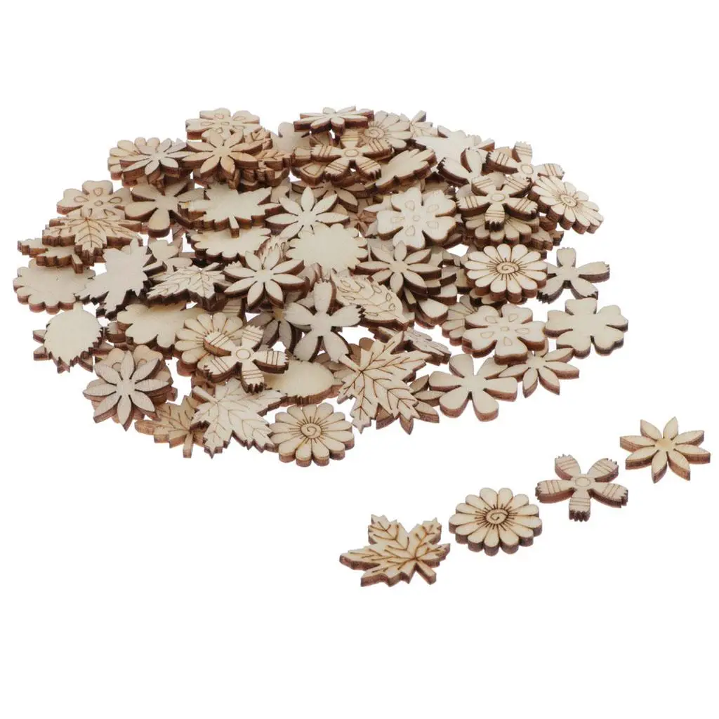 100Pcs Flower and Leaf Shapes Blank Embellishments Wood Birds Slices for Wedding, Valentine, DIY, Arts, Crafts, Card Making