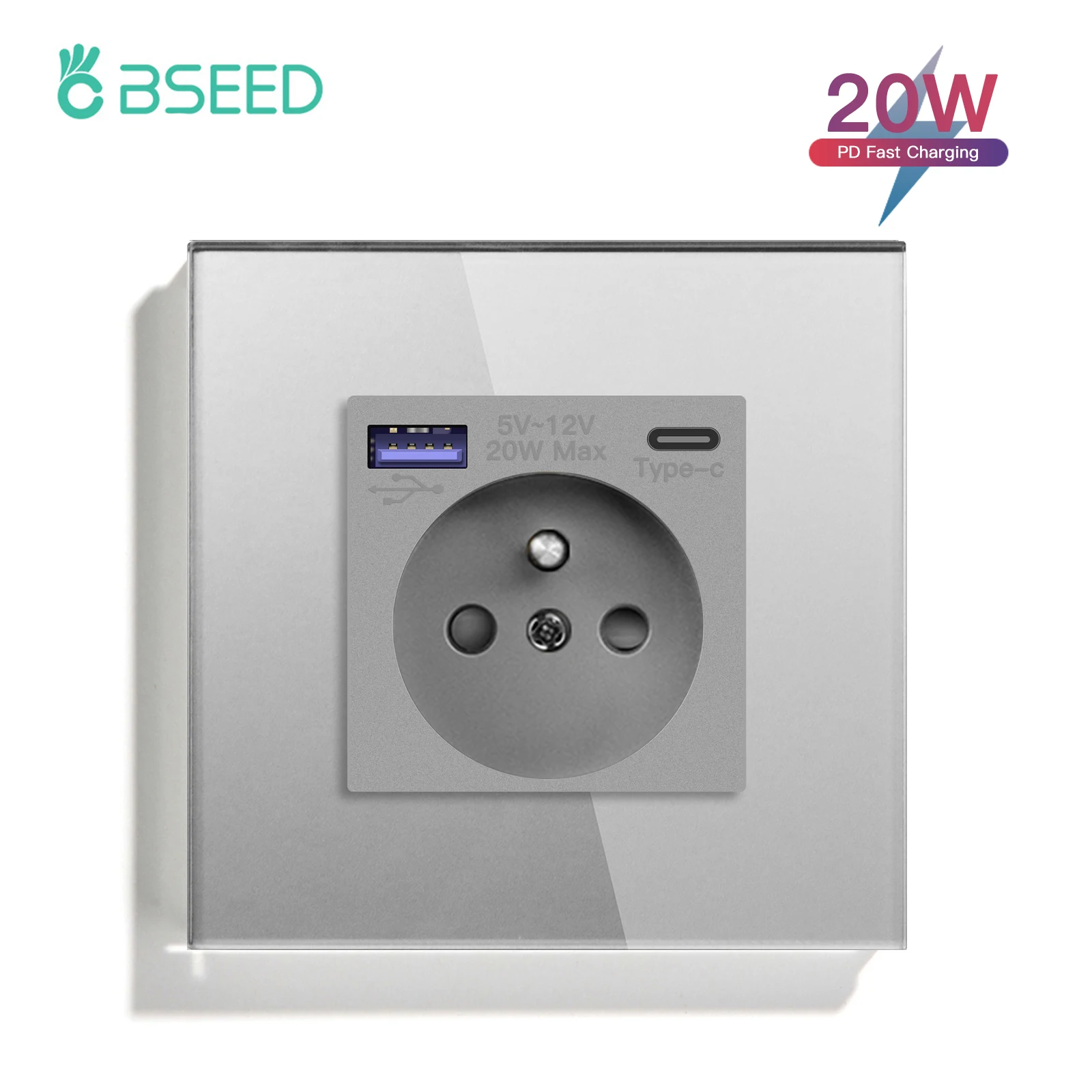 Bseed France Standaard Stopcontact Usb Type-C Oplaadpoort Glaspaneel 20W Snel Opladen Franse Socket 110-250V