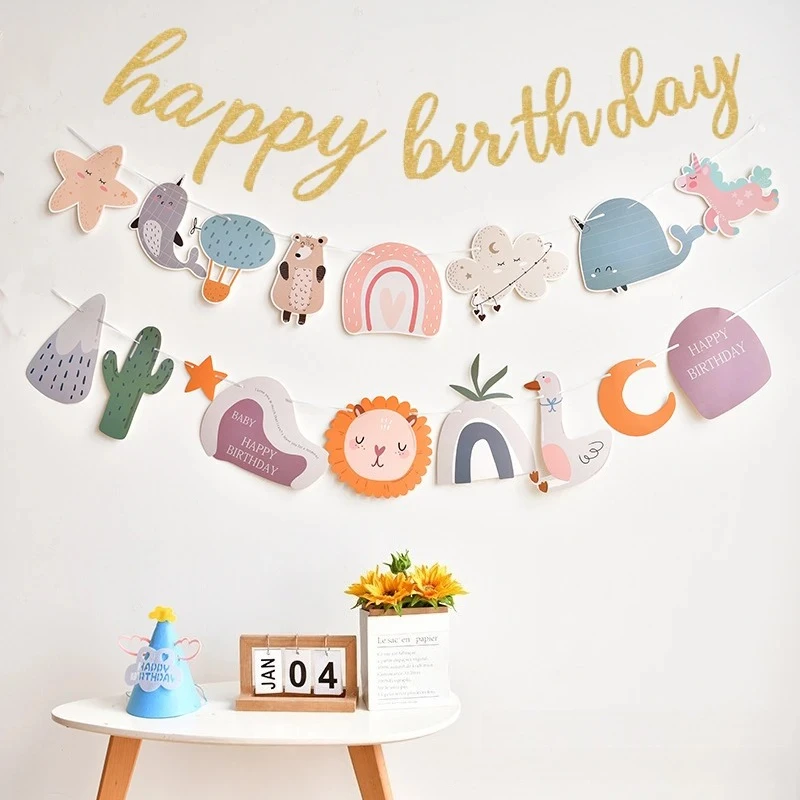 

Girls Birthday Banner Bunting Cute Animals Happy Birthday Banner Paper Garland for Baby Shower Party Hanging Decor