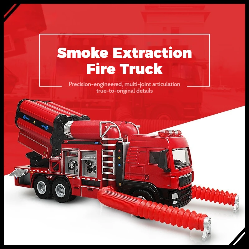 Modello di camion dei pompieri in lega 1:50 Veicolo di salvataggio di scarico di fumo resistente Diecast in metallo Suono leggero Tirare indietro Giocattolo Regalo da collezione