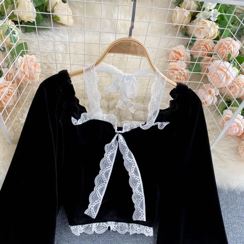 Autumn Women Black Sexy Square Collar Lace Patchwork Velvet Blouse Female Elegant Flare Long Sleeve Short Tops Fashion Blusas