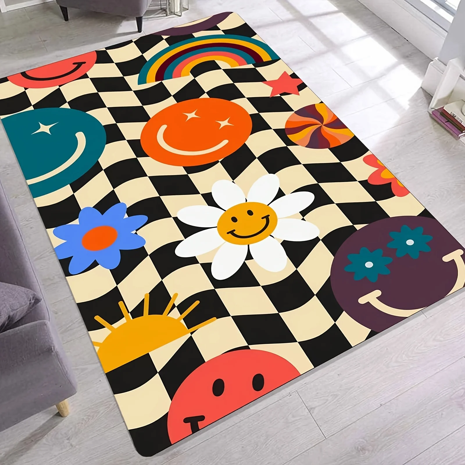 1pc of Colorful Face Daisy Patterned Soft, Non-Slip, Mat for Living Room And Kitchen, Weighing 480G Per Square Meter with anes