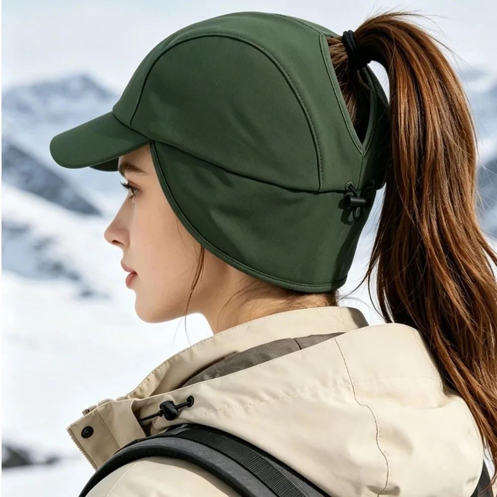 Simple Solid Color Winter Baseball Cap Warm Windproof Earmuffs Hat for Men Ponytail Hat Thick Ear Protection Hat Outdoor