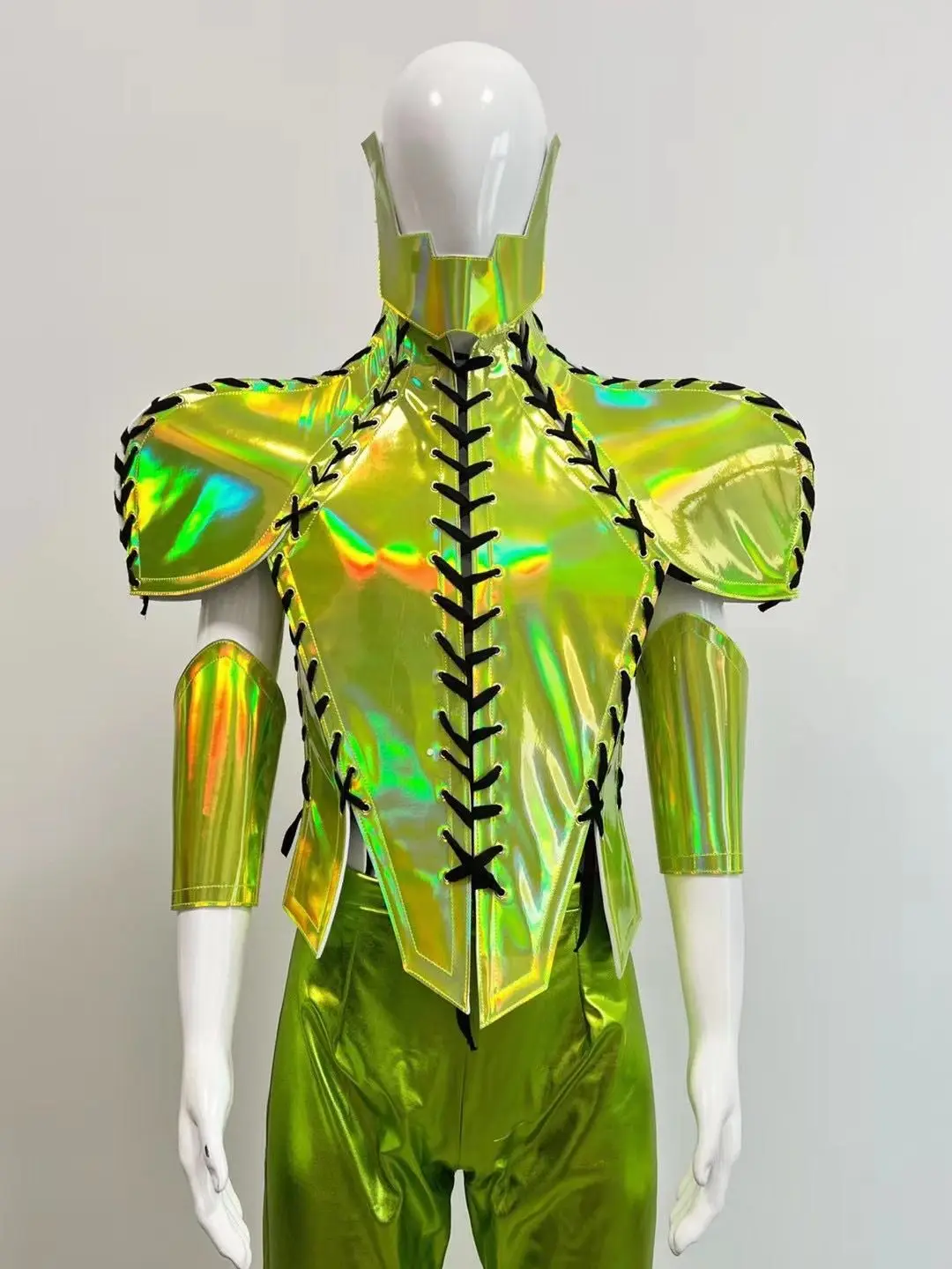 

Model Catwalk Fashion Show Club Party Nightclub DJ Gogo Sexy Green Costume Stage Wear Outfit Muscle Men Space Mirror Pants Armor