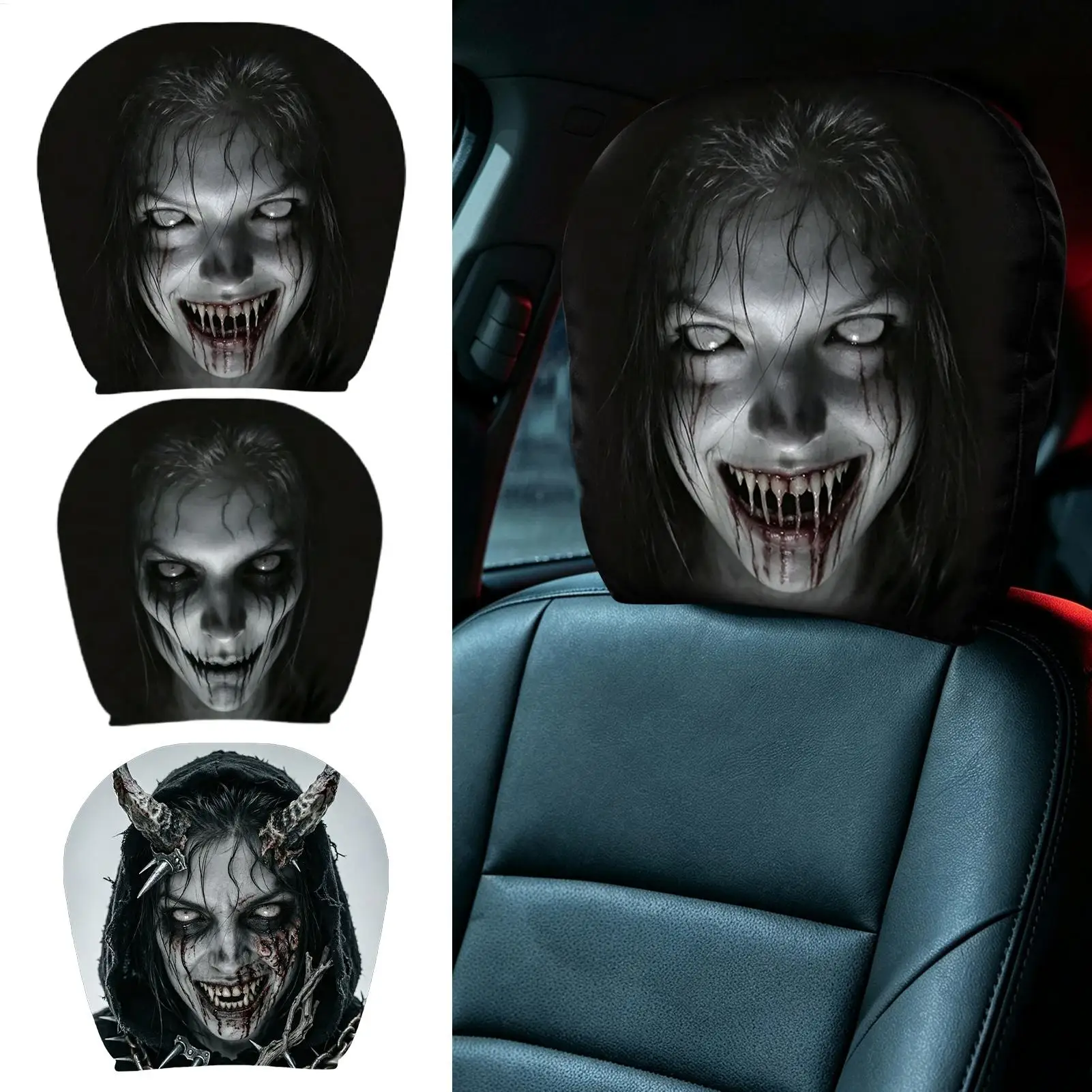 2pcs Ghosts Face Headrest Cover Set Funny Headrest Protector Halloween Spooky Universal Breathable Auto Head Rest Pillow Cover