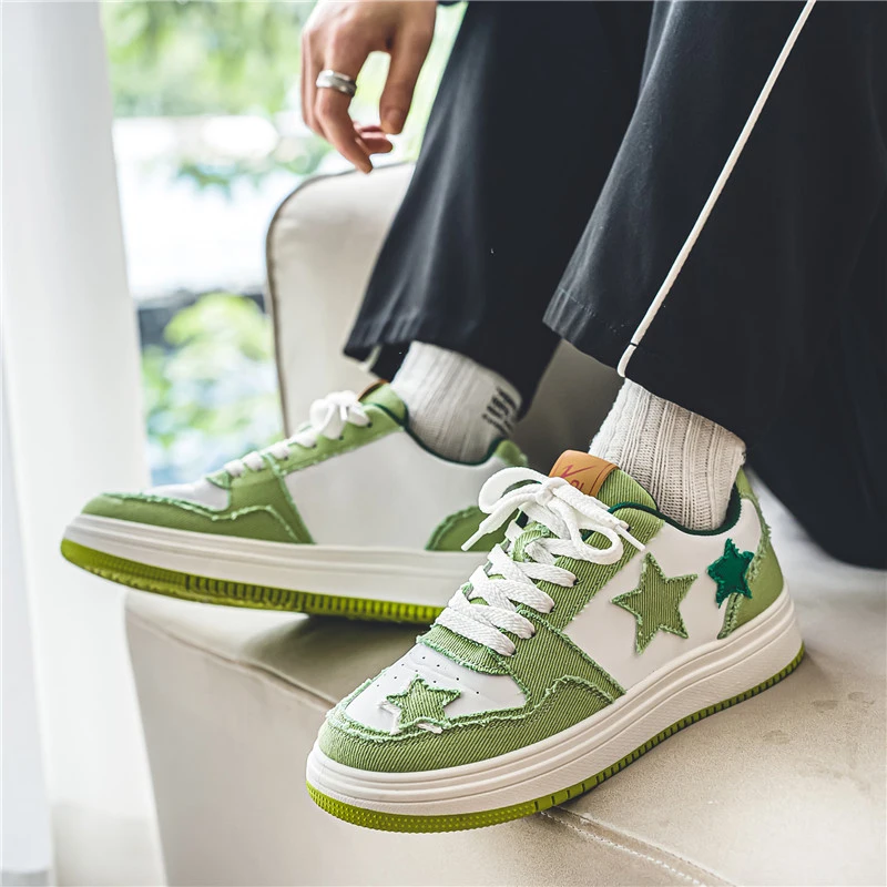 Big Size 35-44 Trendy Green Star Skateboard Shoes Unisex Non-slip Men's Casual Sports Shoes Chunky Skateboarding Sneakers  Women