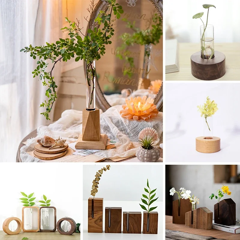 

Vintage Wooden Vase Solid Wood Flower Vases Plante Pot Hydroponic Plant Flower Vases Tabletop Arrangement Home Decoration