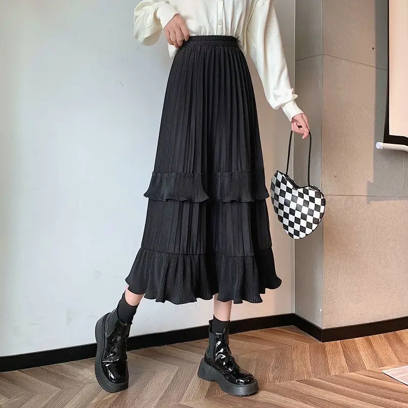 Herbst-Winter-Cord-Midi-Röcke für Damen, lässige Retro-Rock mit mehreren Lagen, einfarbiger, plissierter A-Linien-Rock, modischer koreanischer Stil. – Detail 3