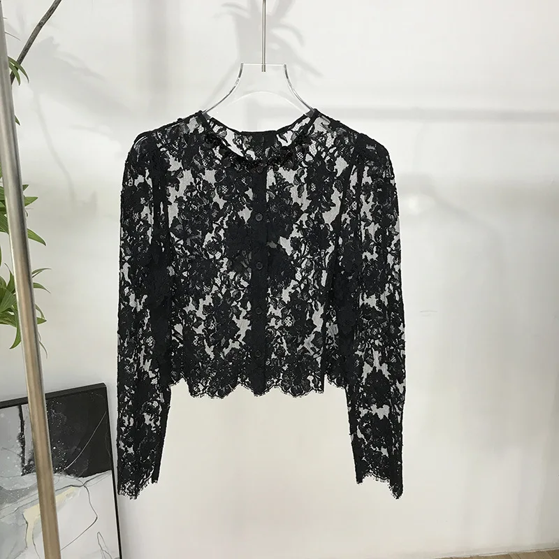 White short lace see-through jacket temperament hundred hundred bead decoration round neck long-sleeved women's top 2024 new