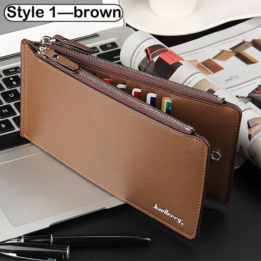 Men's Ultra-Thin Wallets PU Leather Long Wallet  Multi-Card Purse Money Clip Card Holder Double Zipper