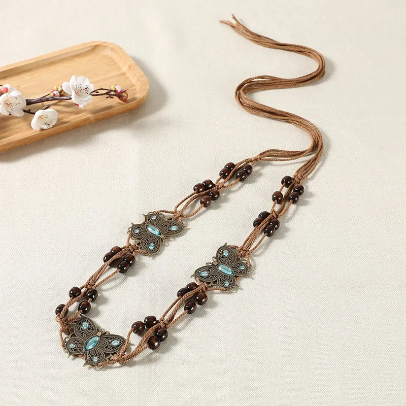 Bohemian Style Butterfly Water Diamond Woven Ethnic Style Wooden Bead Women's Belt Casual Vacation Style Waist Rope