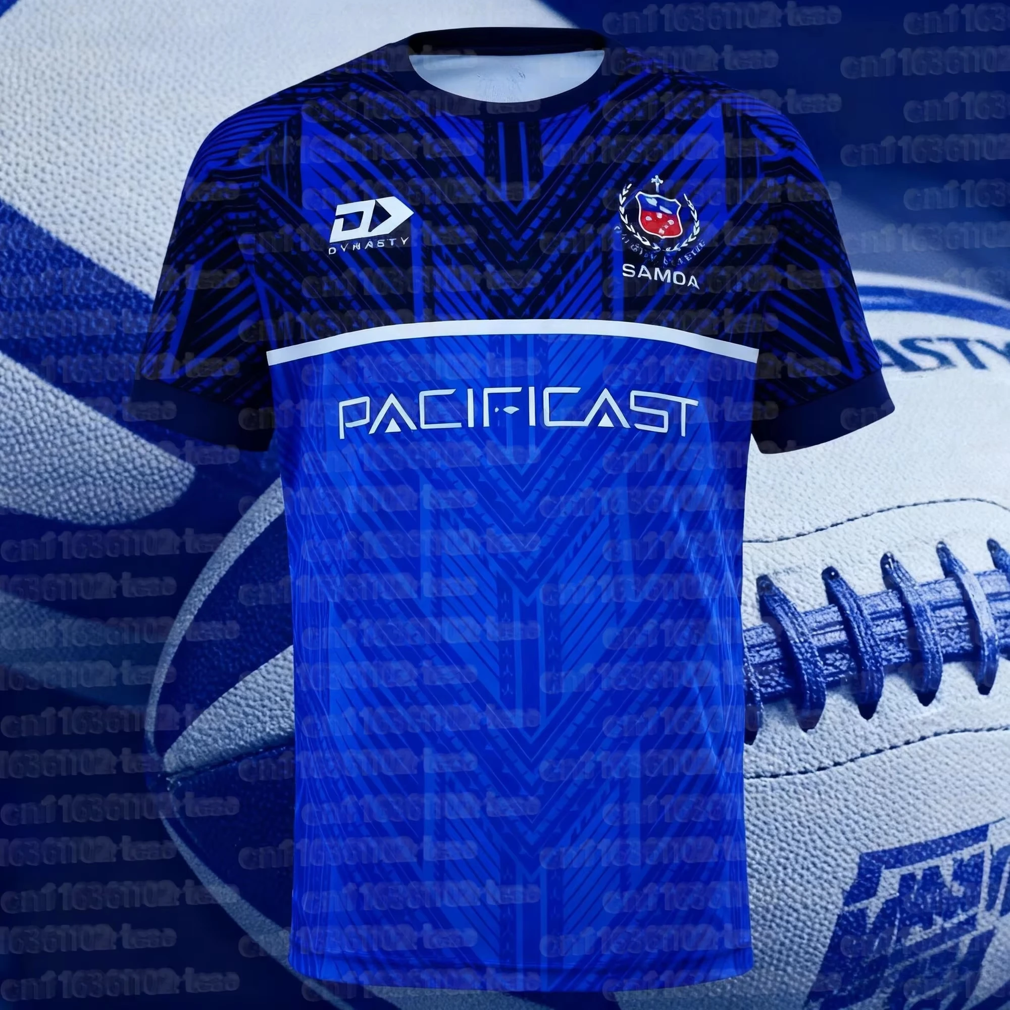 2026 new Crew neck sports jersey blue and black geometric pattern white dividing line across chest text and badge on left chest