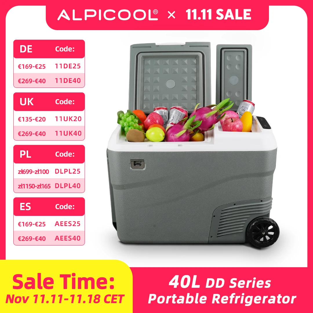 Alpicool DD40 40L Portable Refrigerator 12V Compressor Fridge Freezer Dual Zone Independent Control Portable Cooler for Camping