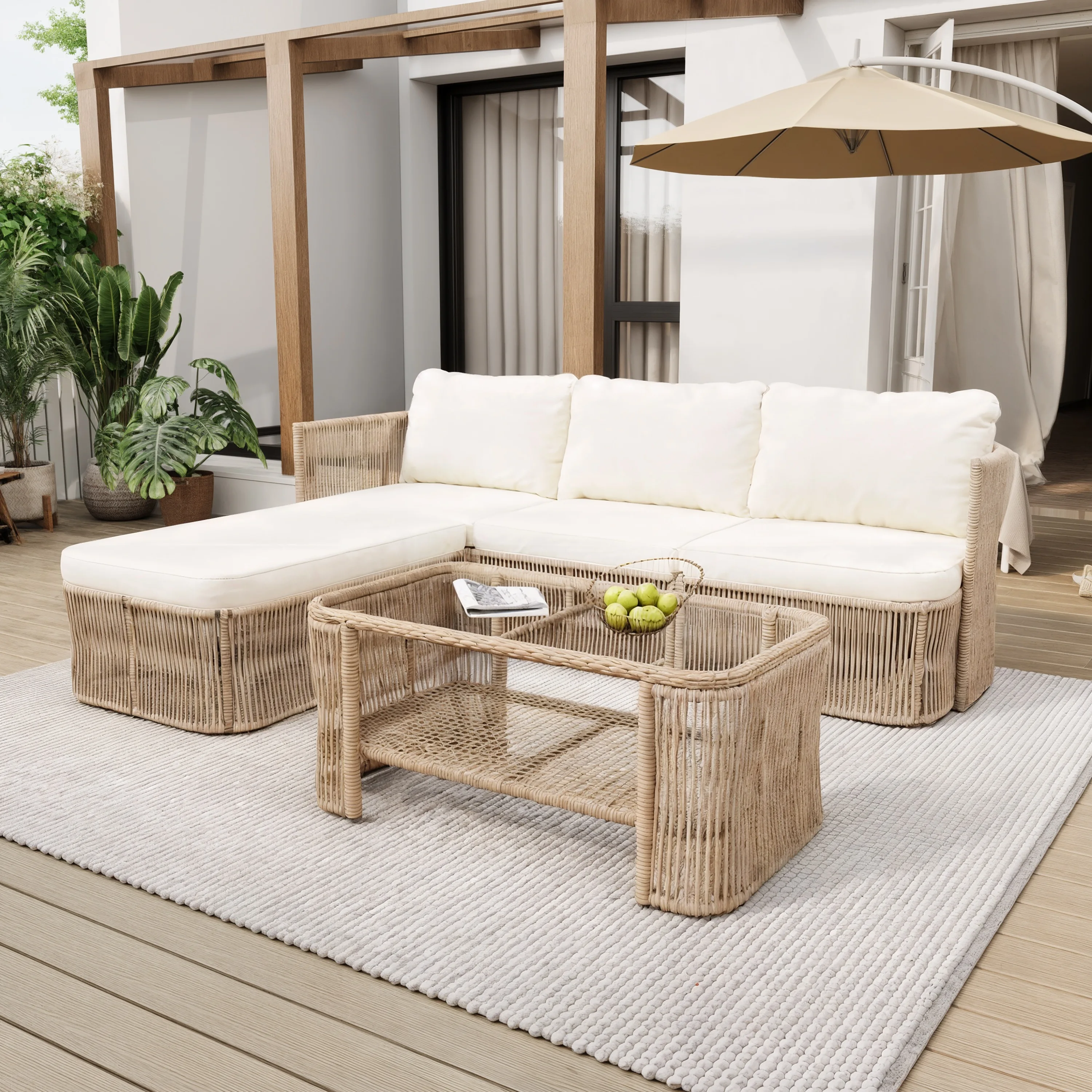 ！@Modern Outdoor PE Rattan Patio Furniture Set with Iron Frame Dark Beige Wicker Leisure Conversation Sofa