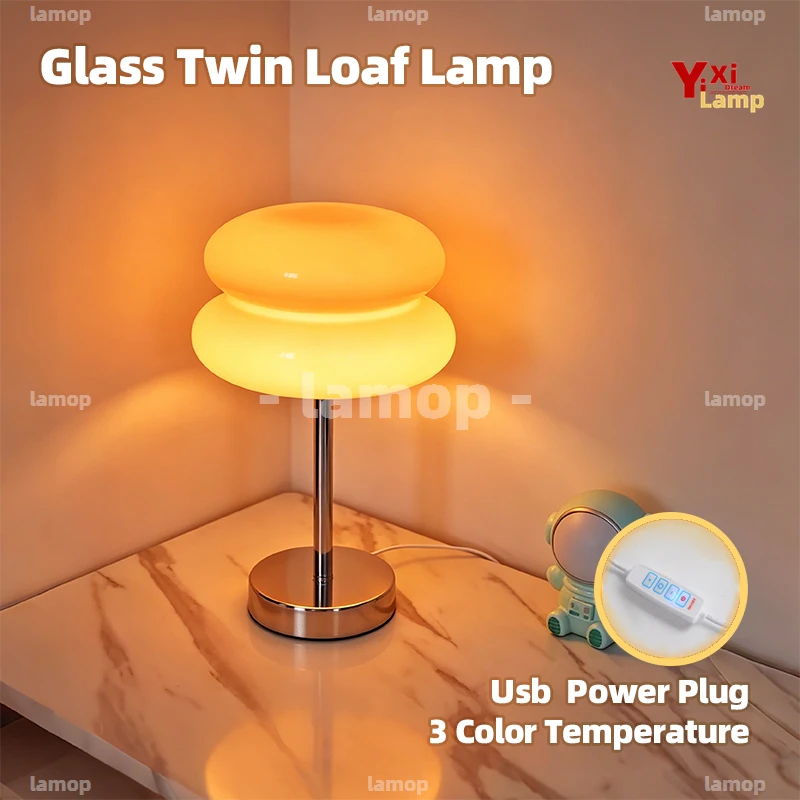 Hand Blown Murano Twin Layer Loaf Desk Lamp Macaron Apricot Tone Gentle Ambient Light Teen Dorm Study Table Lamp