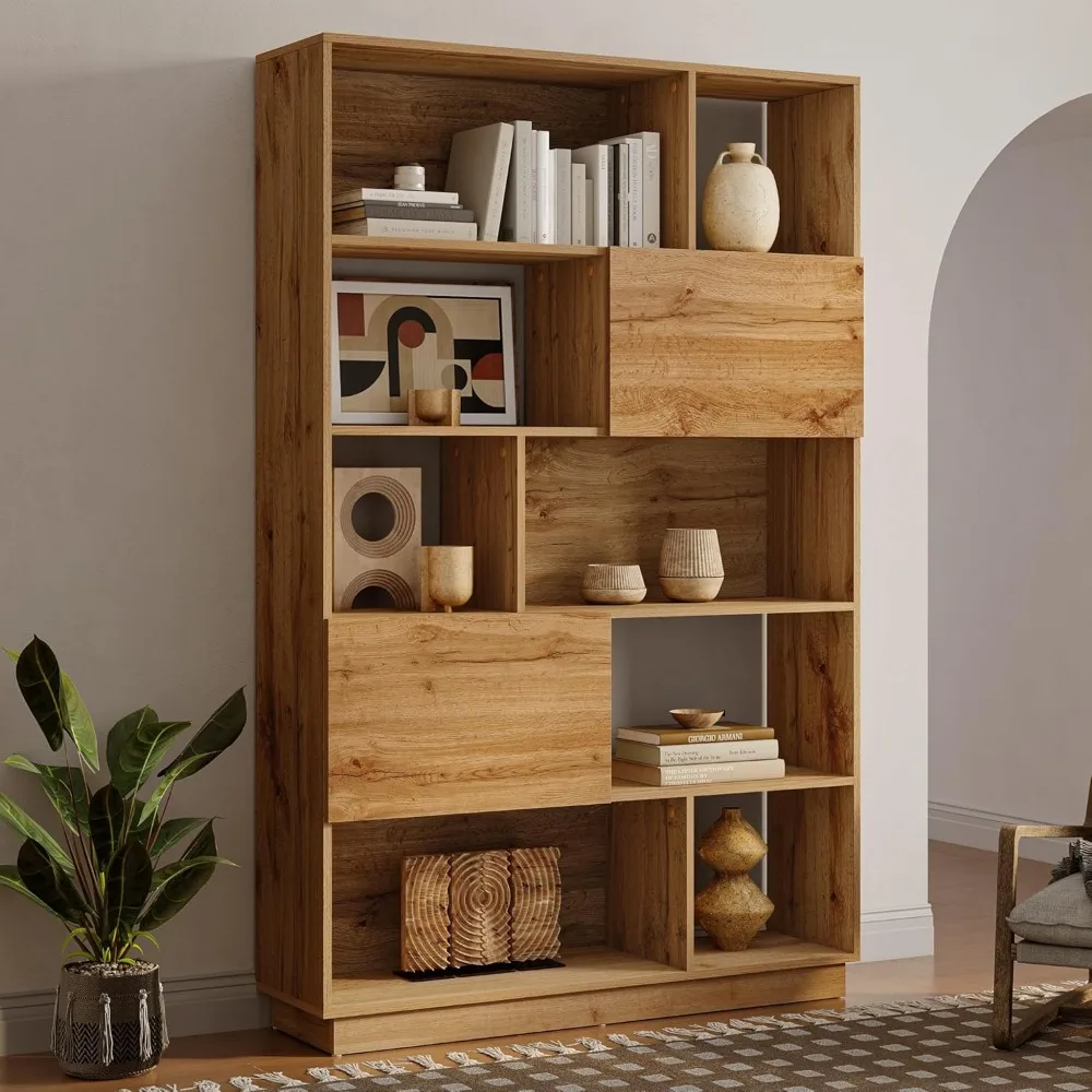 5 Tier Tall Bookcase with 8 Shelves and 2 Storage Cabinets Display Shelf with Doors for Living Room Office Entryway