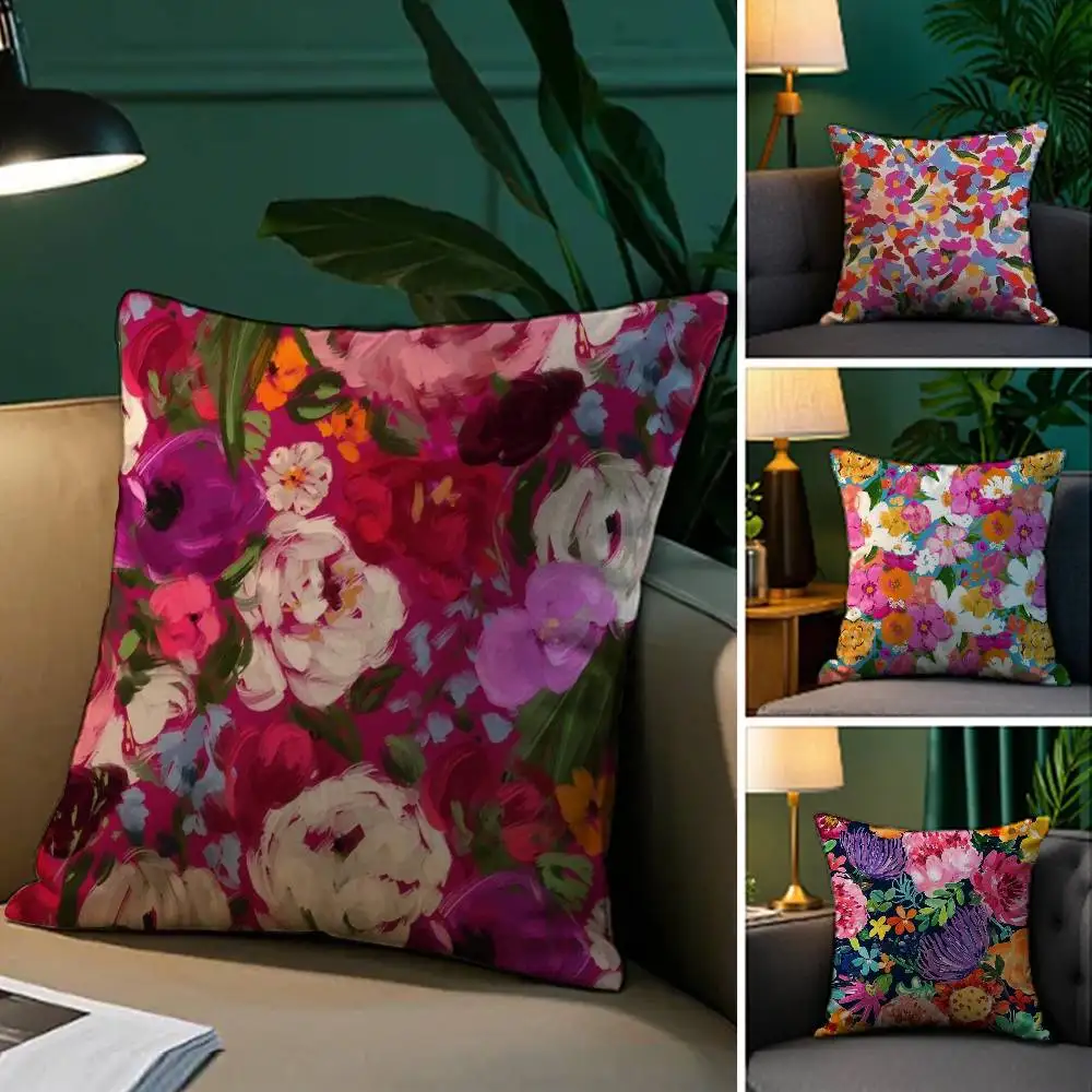 Vollblumen-Kunst-Kissenbezug, Plüschstoff, weicher Kissenbezug, doppelseitiger Druck, Sofa-Kissenbezug, Überwurf