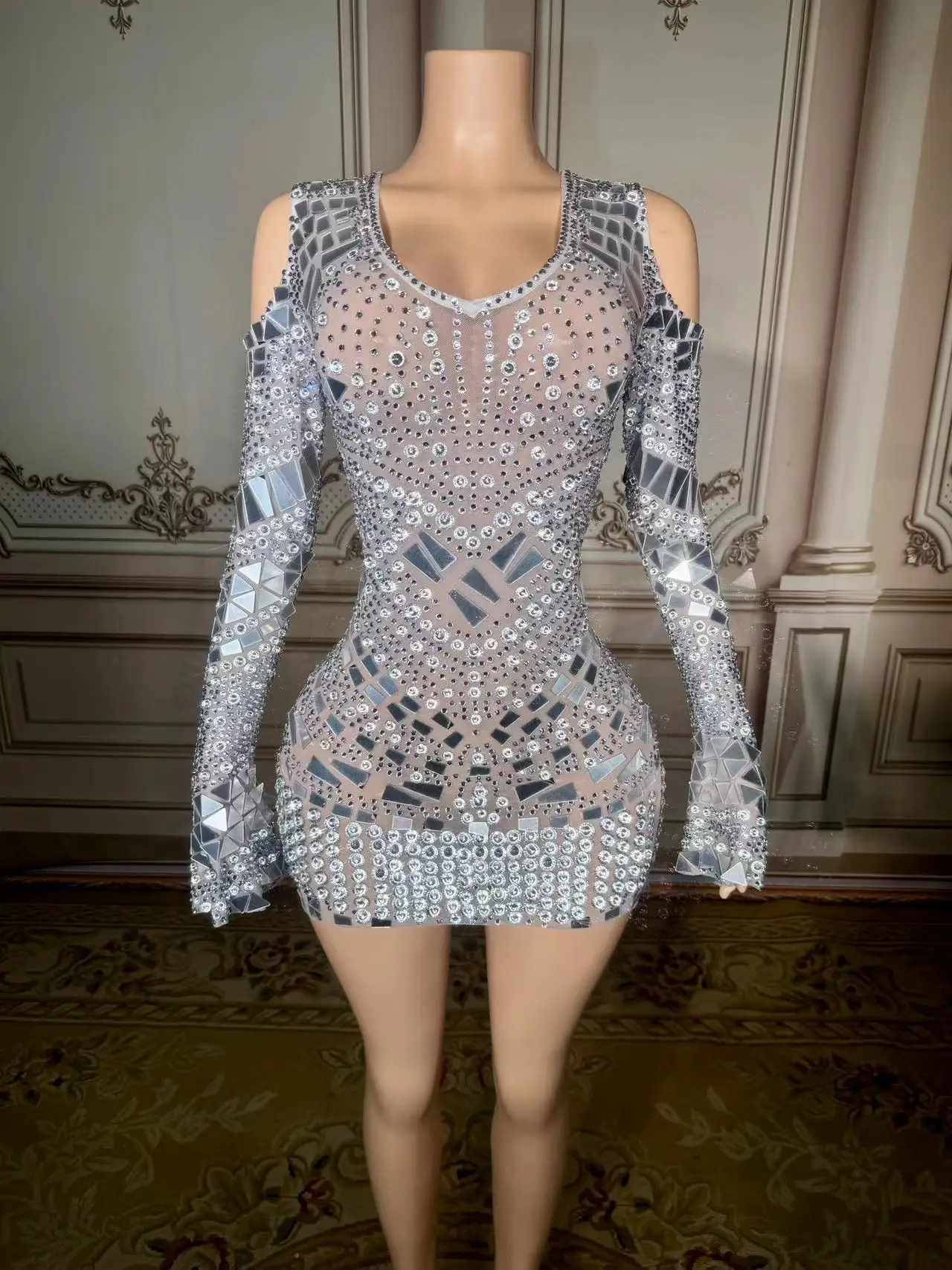 

Multi-color Rhinestone Chain Slit Mini Dress Women Evening Party Birthday Prom Sexy Fashion Short Outfit Singer Dance Stage Wear