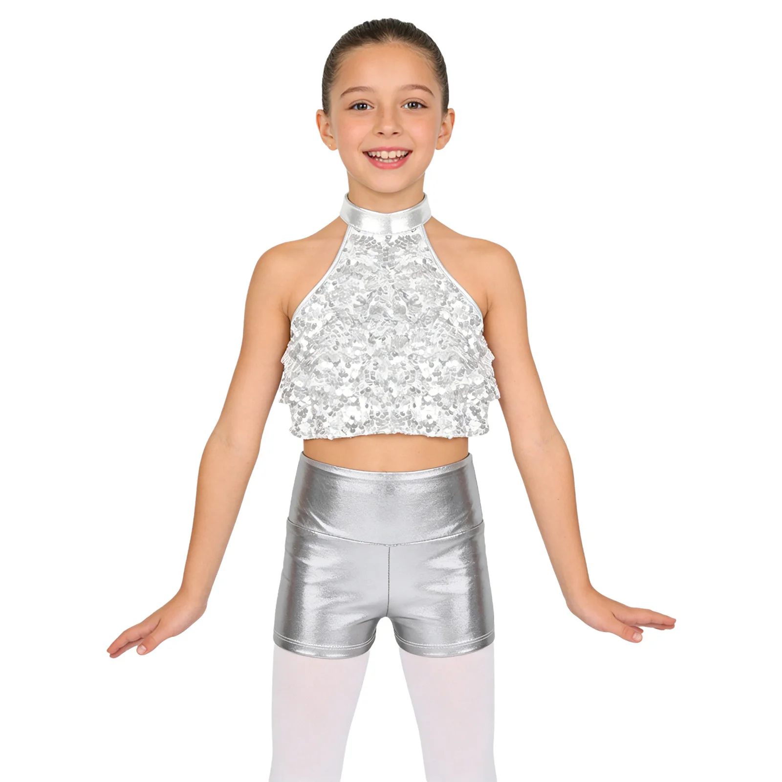 

4-16 Years Girls Pink Sequin Crop Tops Shorts Dancewear Set Costume Hip Hop Modern Jazz Dance Competition Stage Performance Wear