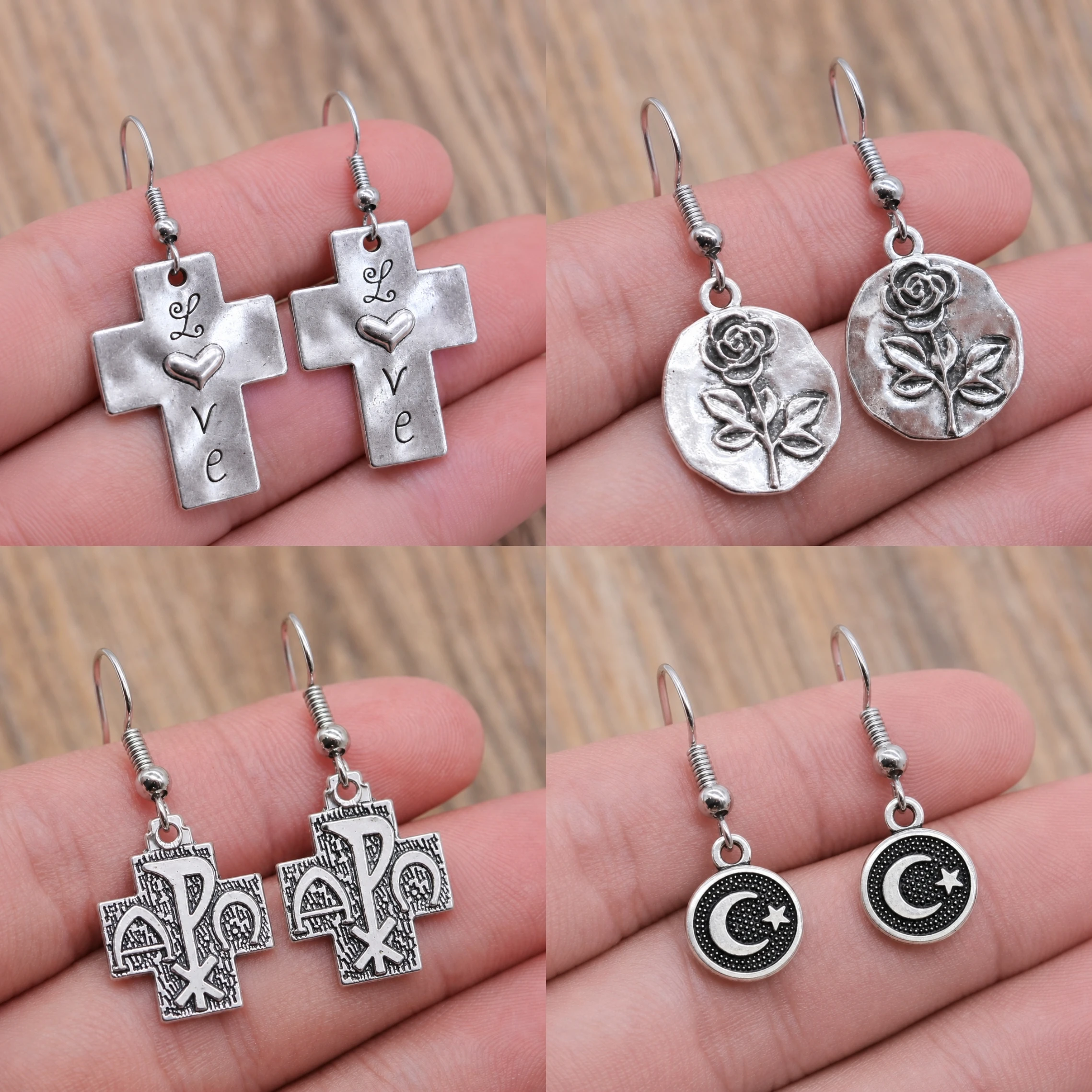 Silvery Earrings Love Cross Rose Flower Moon Star Chi-Rho Symbol Drop Earrings Vintage Boho Religious Witchy Women Jewelry Gift
