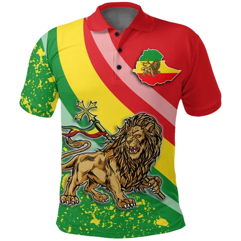 New Summer Cool 3D The Flag Of Ethiopia Printing Polo Shirt Ethiopia Emblem Spiritual Totem Graphic Polo Shirts For Men Clothing