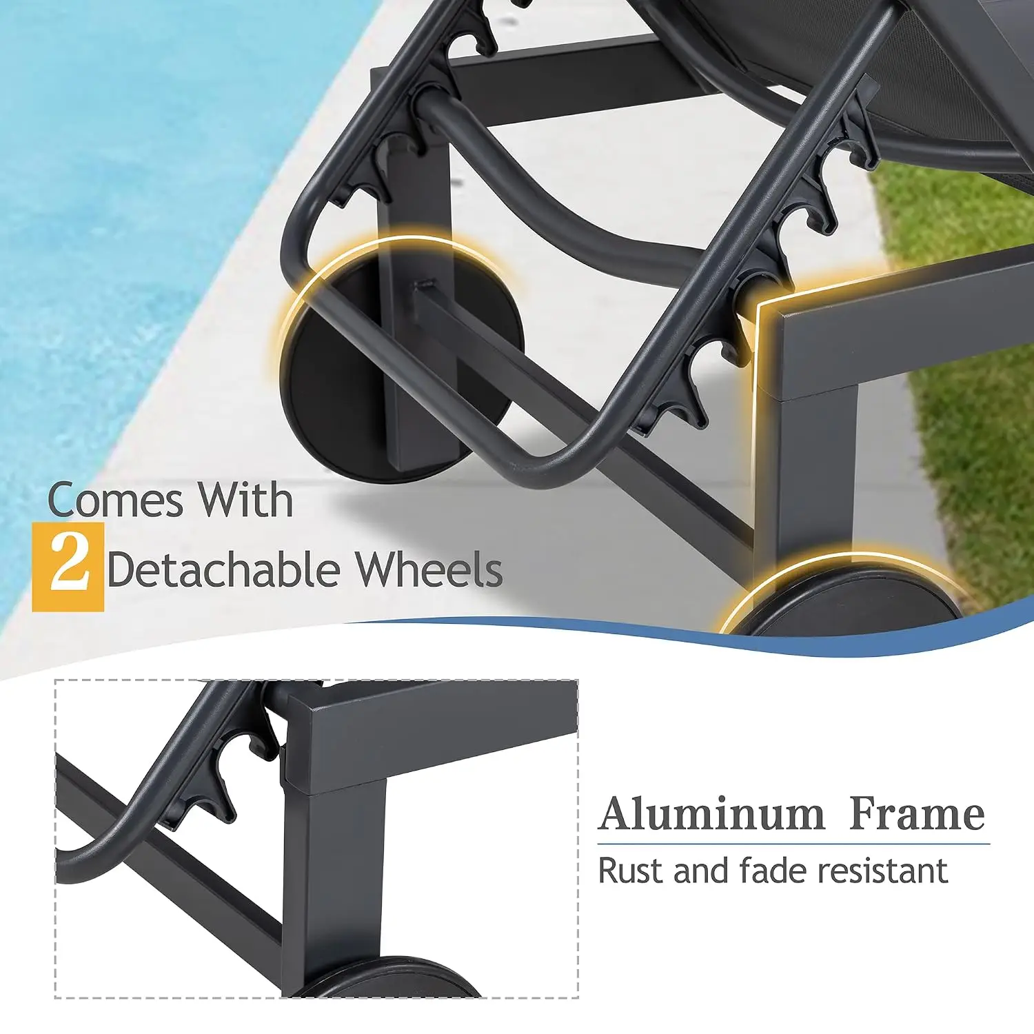 Aluminum Outdoor Chaise Lounge 5-Position Adjustable Recliner with Wheels for Poolside Beach Yard Patio Furniture, Customized