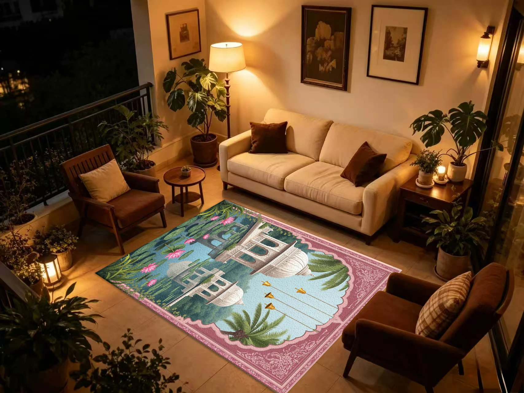 Oriental Indian Pavilion Lotus Carpet Flooring Exotic Architecture Printed Area Rug for Home Interior Decor