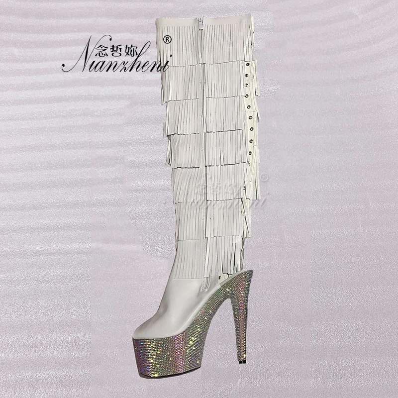 Gold Gothic Stripper Heels Over The Knee Boots 7Inch Fringe Rhinestone High Heels Exotic Dancer 17cm Over The Knee Boots Catwalk