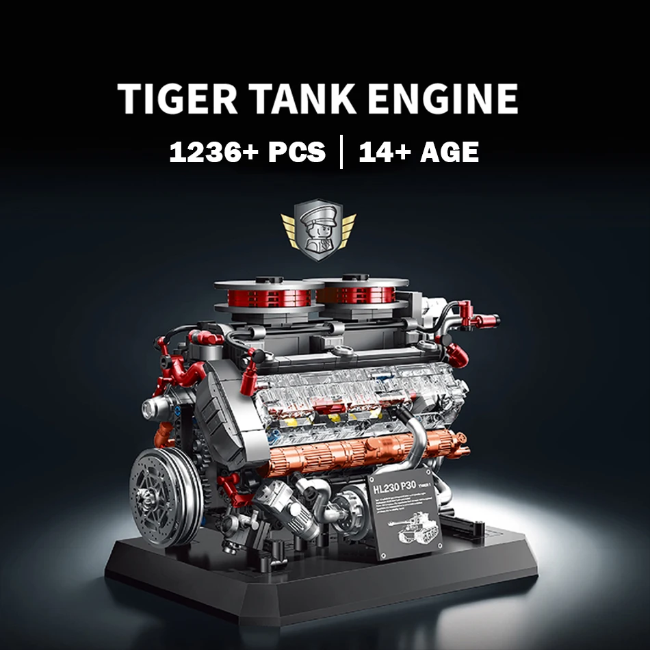 

WW2 Military German Panther Tiger Tank HL230 V12 Petrol Engine Model Building Blocks Electrically Engine Bricks Toys Kids Gifts