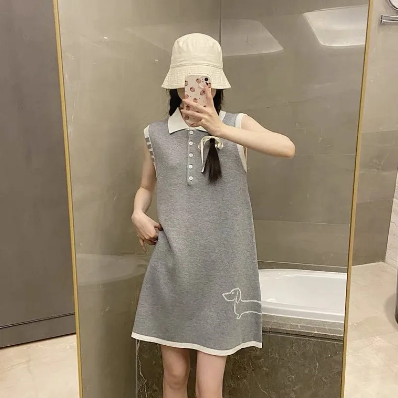 

2025 Preppy Style Simple Lapel Sleeveless Ice Silk Thin Knitted Skirt Summer New Cartoon Embroidery Stitched Midi Top