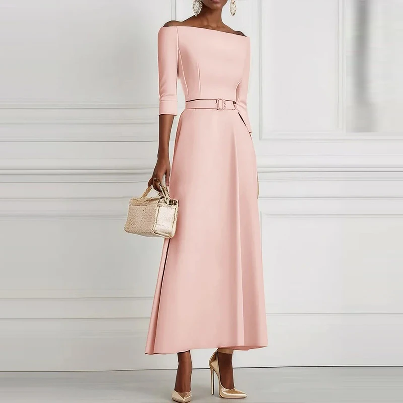 Office Ladies Elegant Solid High Waist Party Dress 2025 Spring Crew Neck Hollow Long Dress Autumn Long Sleeve A-Line Maxi Dress - Image 2